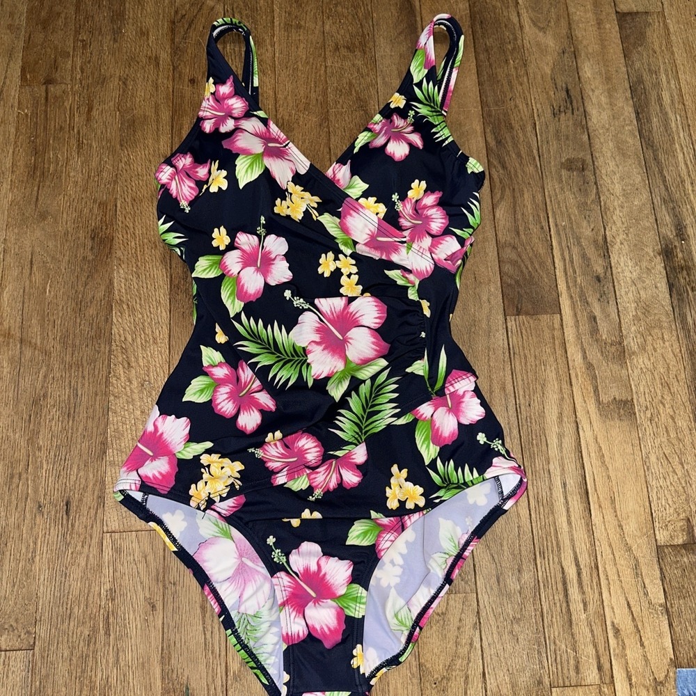 Jantzen Tropical Floral Slimming Scoop Swimsuit One Piece Size 12 Black